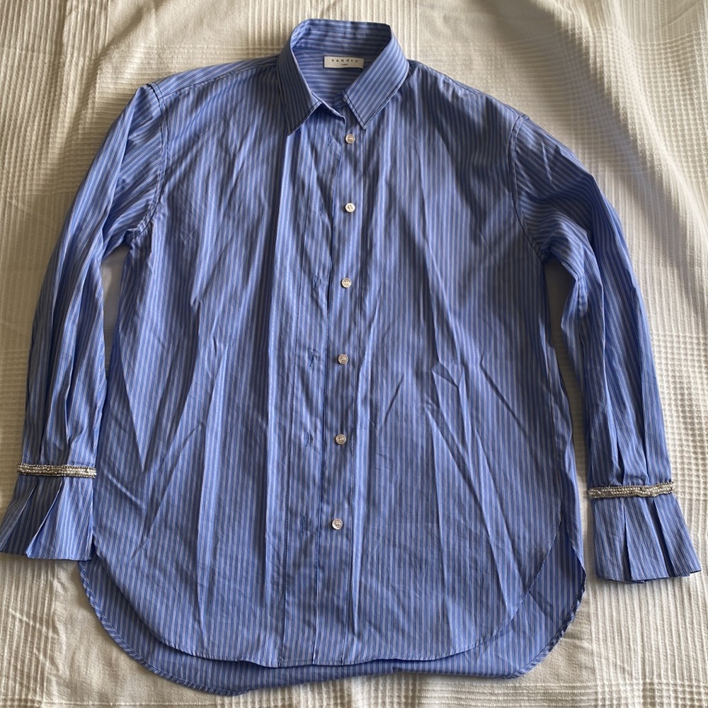 Bead-embellished Striped Cotton Shirt In Sky Blue S
